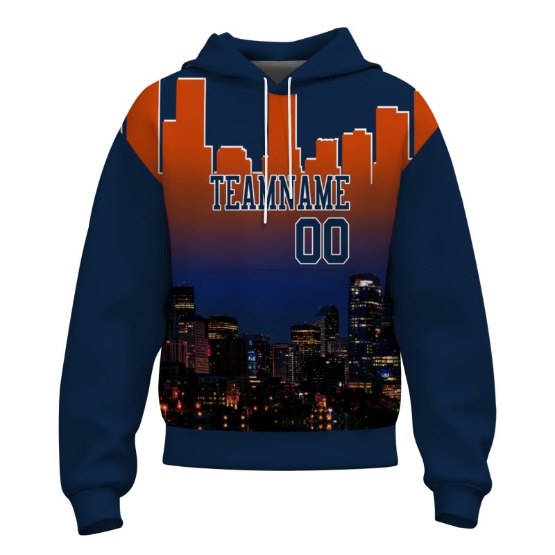 Custom Navy Blue Orange City Silhouette Style Fashion Athletic Pullover Sweatshirt Hoodie