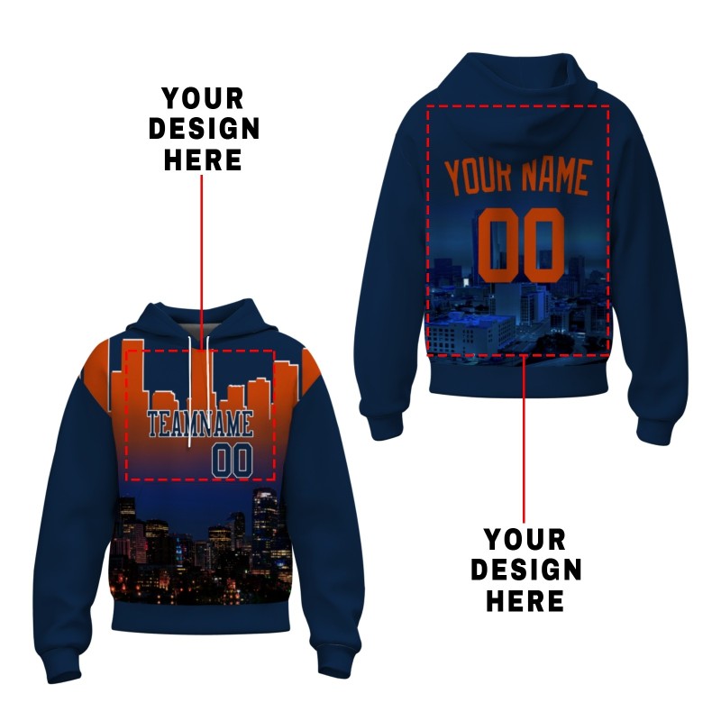 Custom Navy Blue Orange City Silhouette Style Fashion Athletic Pullover Sweatshirt Hoodie