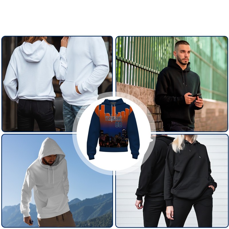 Custom Navy Blue Orange City Silhouette Style Fashion Athletic Pullover Sweatshirt Hoodie