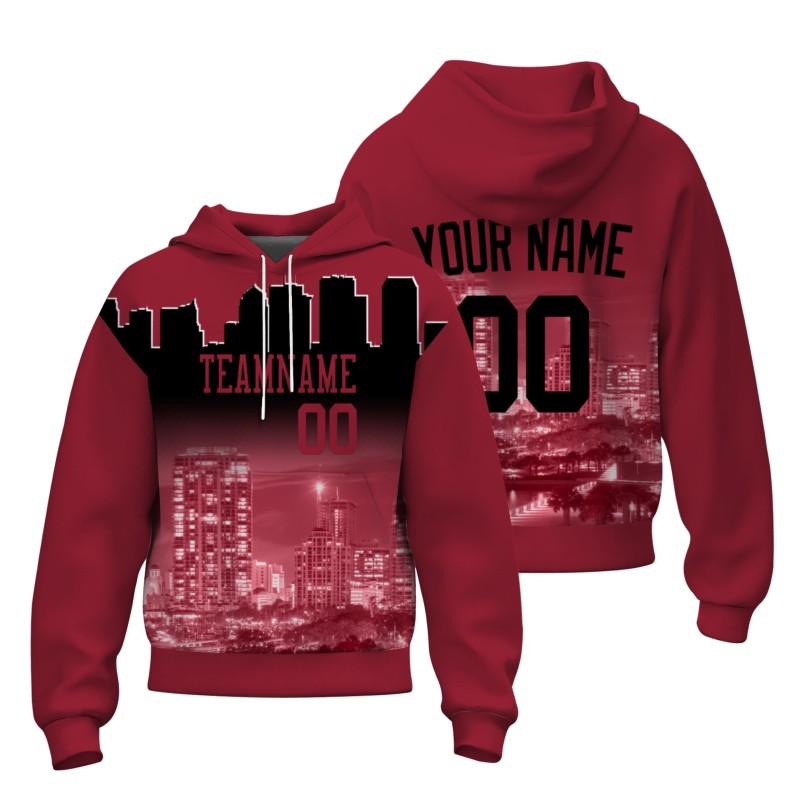 Custom  Brick Red Black City Silhouette Style Fashion Athletic Pullover Sweatshirt Hoodie