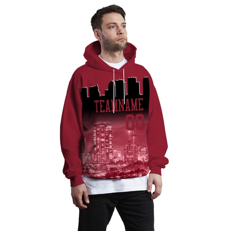 Custom  Brick Red Black City Silhouette Style Fashion Athletic Pullover Sweatshirt Hoodie