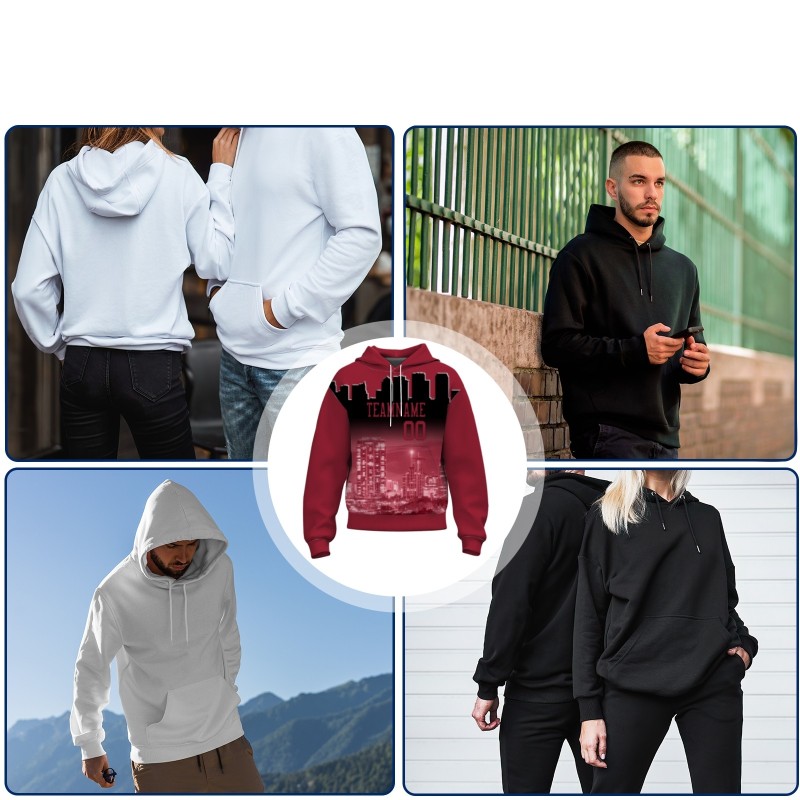 Custom  Brick Red Black City Silhouette Style Fashion Athletic Pullover Sweatshirt Hoodie