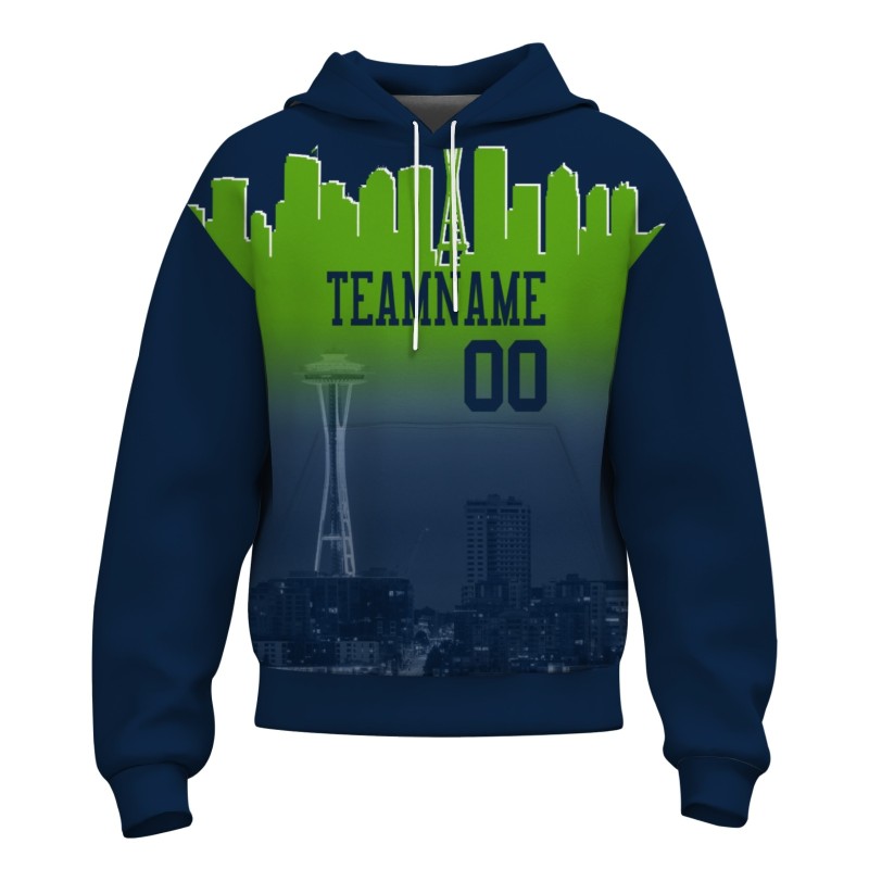 Custom Royal Blue Green City Silhouette Style Fashion Athletic Pullover Sweatshirt Hoodie