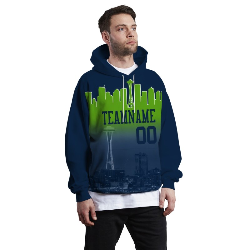 Custom Royal Blue Green City Silhouette Style Fashion Athletic Pullover Sweatshirt Hoodie