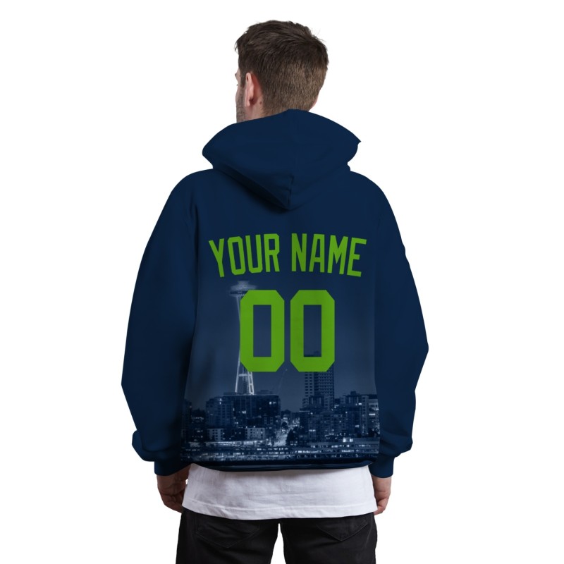 Custom Royal Blue Green City Silhouette Style Fashion Athletic Pullover Sweatshirt Hoodie