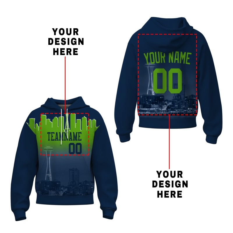 Custom Royal Blue Green City Silhouette Style Fashion Athletic Pullover Sweatshirt Hoodie