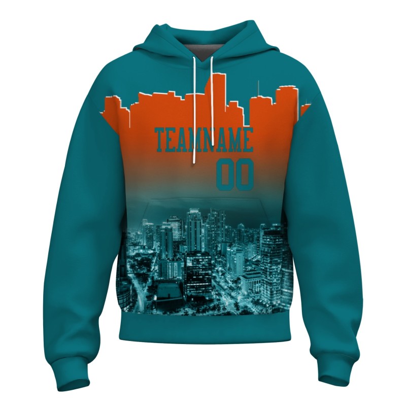 Custom Blue Green Orange City Silhouette Style Fashion Athletic Pullover Sweatshirt Hoodie