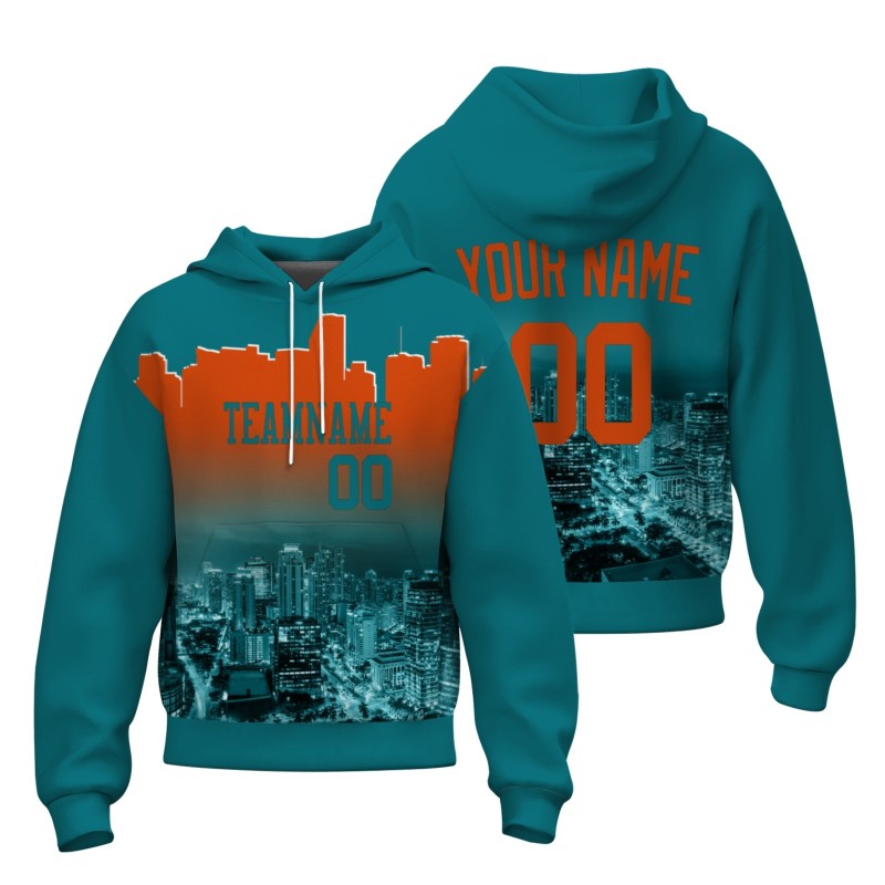 Custom Blue Green Orange City Silhouette Style Fashion Athletic Pullover Sweatshirt Hoodie