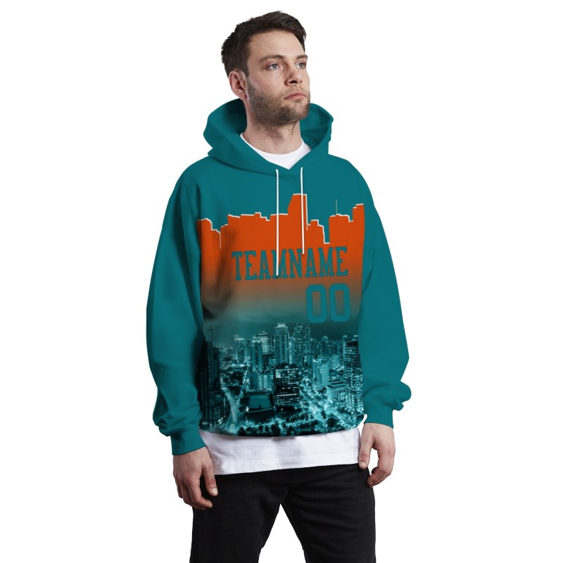 Custom Blue Green Orange City Silhouette Style Fashion Athletic Pullover Sweatshirt Hoodie