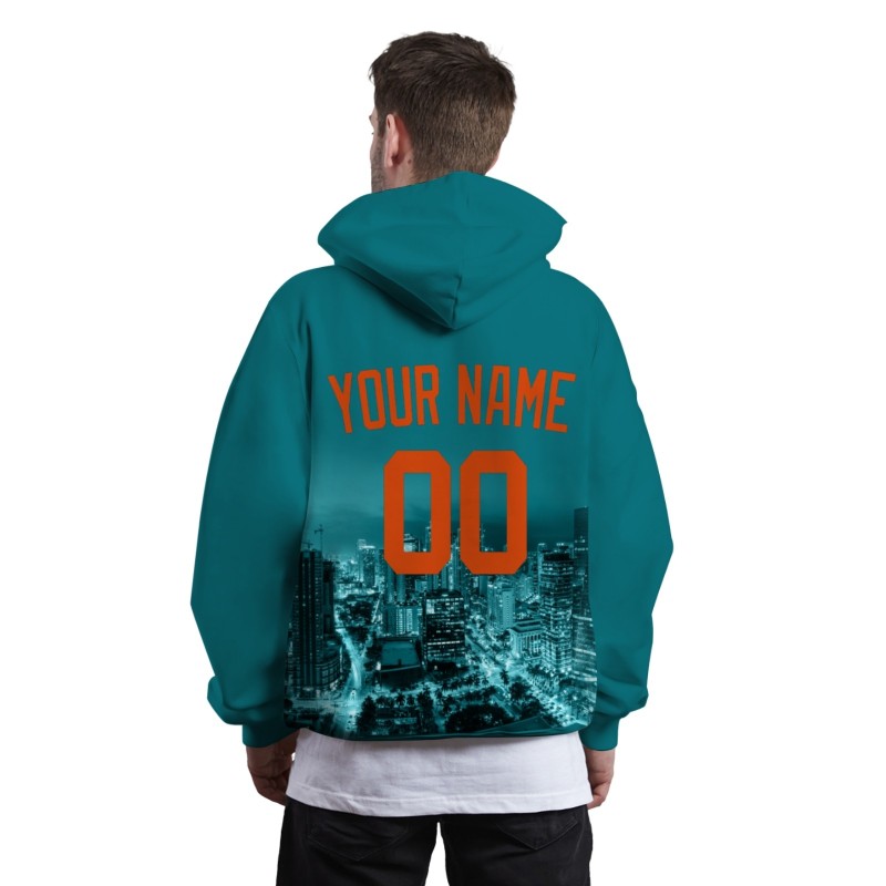 Custom Blue Green Orange City Silhouette Style Fashion Athletic Pullover Sweatshirt Hoodie