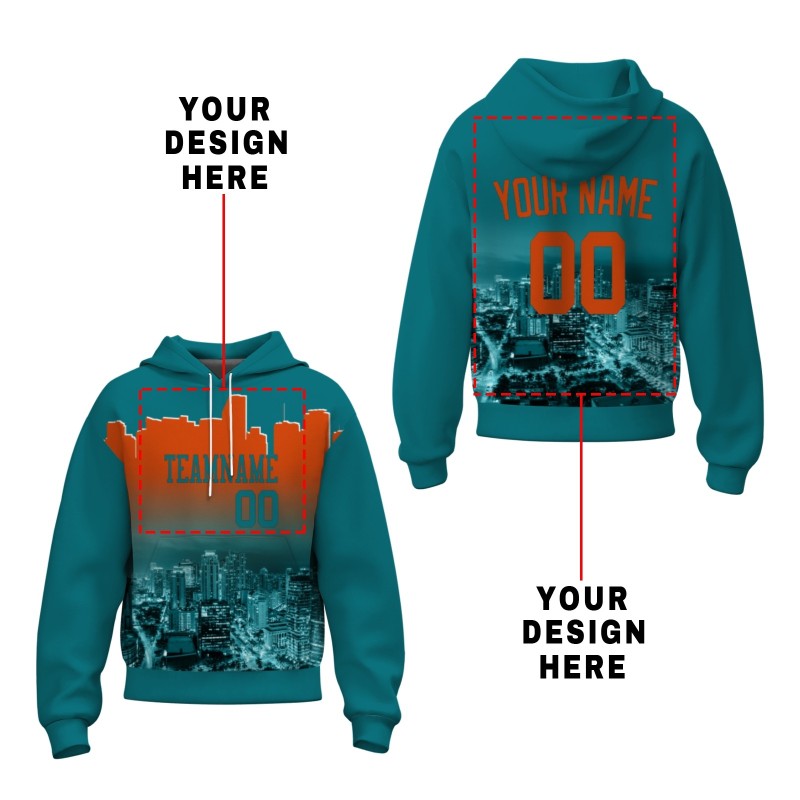 Custom Blue Green Orange City Silhouette Style Fashion Athletic Pullover Sweatshirt Hoodie
