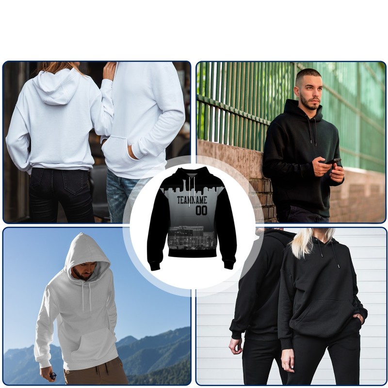 Custom Black Gray City Silhouette Style Fashion Athletic Pullover Sweatshirt Hoodie