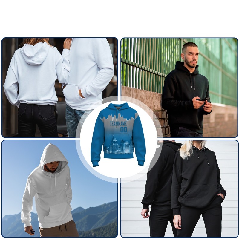 Custom Blue Gray City Silhouette Style Fashion Athletic Pullover Sweatshirt Hoodie