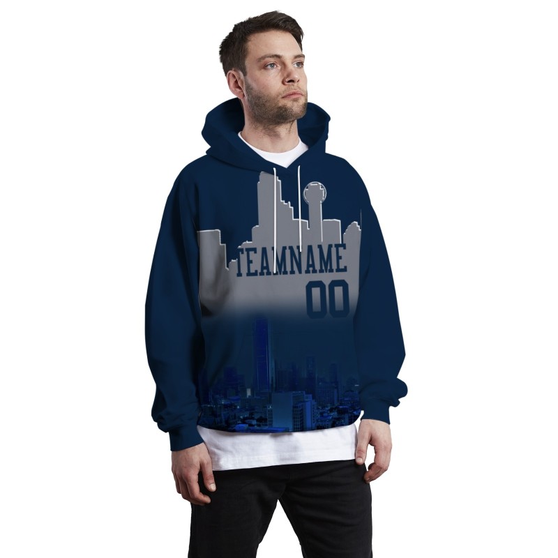 Custom Dark Blue Sliver Gray City Silhouette Style Fashion Athletic Pullover Sweatshirt Hoodie