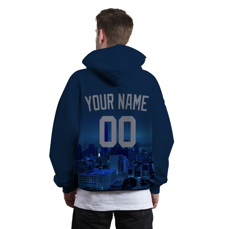 Custom Dark Blue Sliver Gray City Silhouette Style Fashion Athletic Pullover Sweatshirt Hoodie