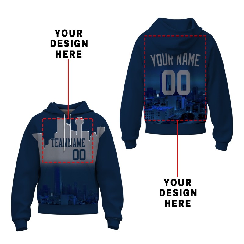 Custom Dark Blue Sliver Gray City Silhouette Style Fashion Athletic Pullover Sweatshirt Hoodie