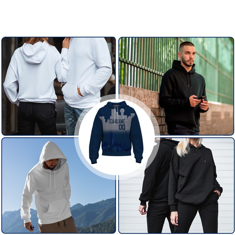 Custom Dark Blue Sliver Gray City Silhouette Style Fashion Athletic Pullover Sweatshirt Hoodie