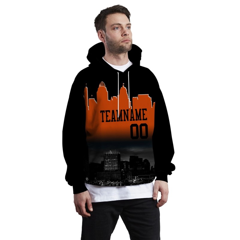 Custom Black Orange City Silhouette Style Fashion Athletic Pullover Sweatshirt Hoodie