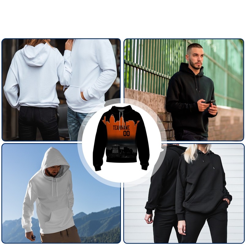 Custom Black Orange City Silhouette Style Fashion Athletic Pullover Sweatshirt Hoodie