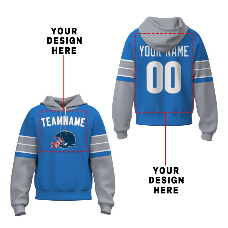 Custom Blue White-Gray Rugby Style Fashion Athletic Pullover Sweatshirt Hoodie