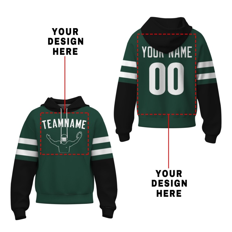 Custom Pine Green White Rugby Style Fashion Athletic Pullover Sweatshirt Hoodie