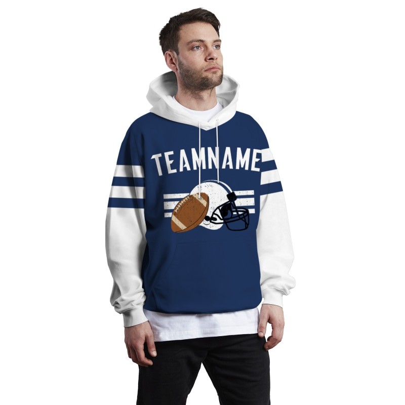 Custom Navy Blue White Rugby Style Fashion Athletic Pullover Sweatshirt Hoodie