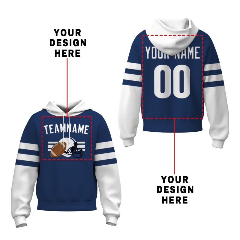 Custom Navy Blue White Rugby Style Fashion Athletic Pullover Sweatshirt Hoodie