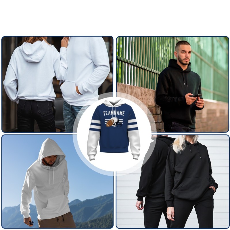 Custom Navy Blue White Rugby Style Fashion Athletic Pullover Sweatshirt Hoodie