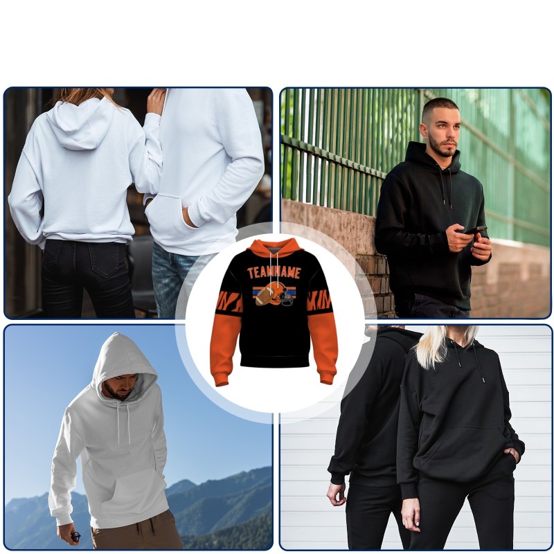 Custom Black White-Orange Rugby Style Fashion Athletic Pullover Sweatshirt Hoodie