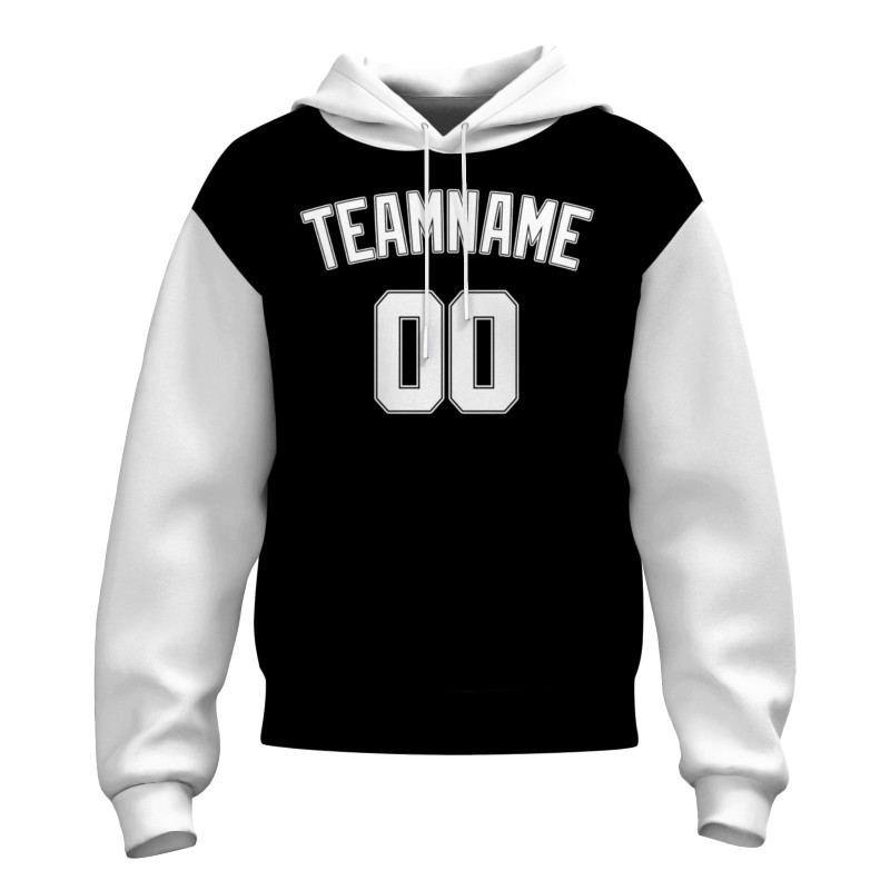 Custom Black White-Black Classic Style Sweatshirt Pullover Hoodie with Raglan Sleeves