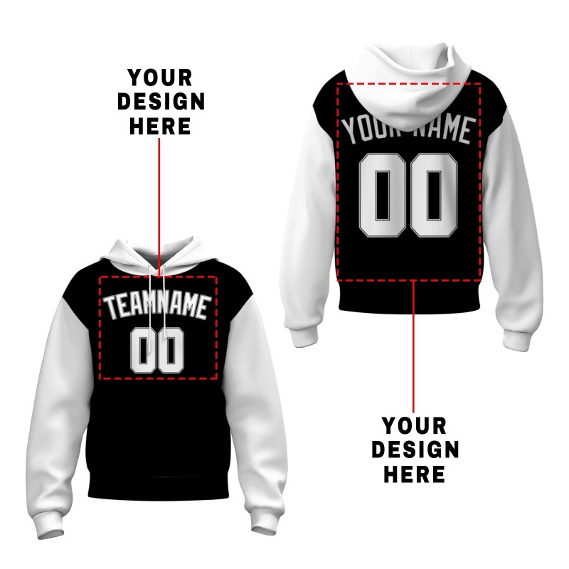 Custom Black White-Black Classic Style Sweatshirt Pullover Hoodie with Raglan Sleeves