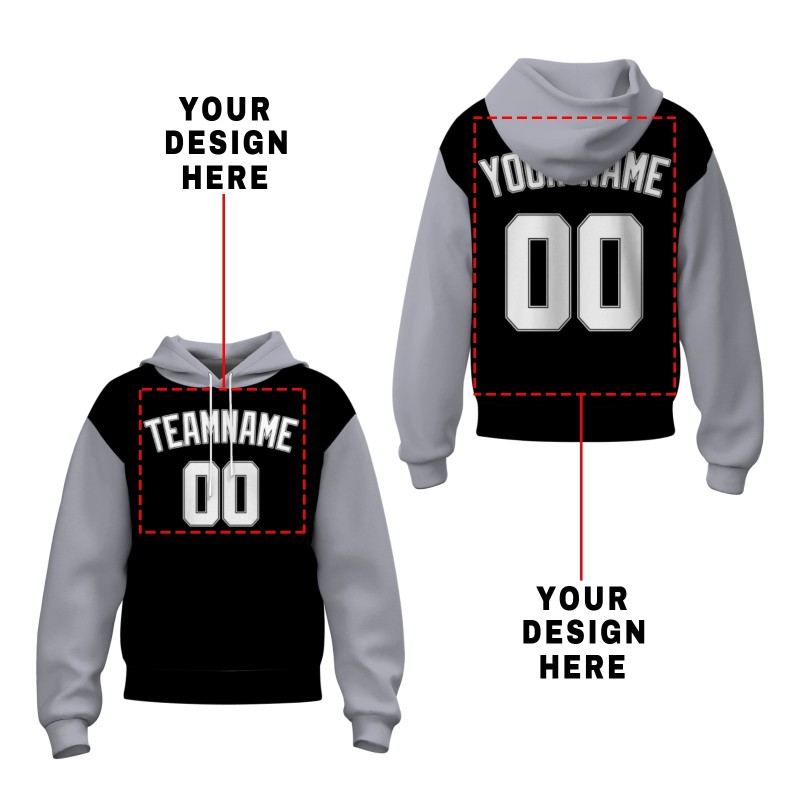 Custom Black Gray White-Black Classic Style Sweatshirt Pullover Hoodie with Raglan Sleeves