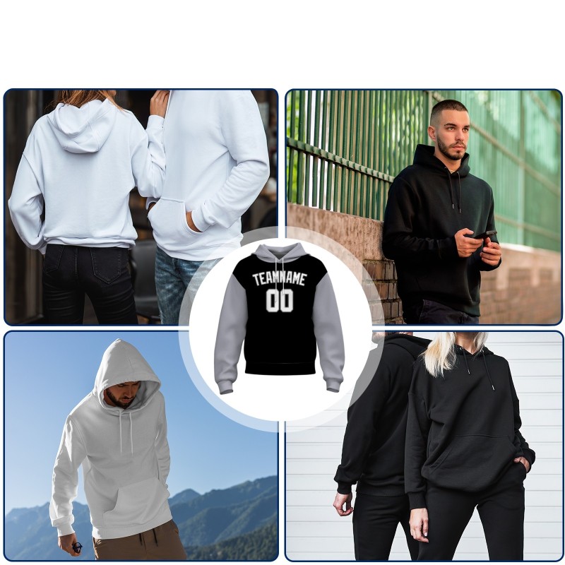 Custom Black Gray White-Black Classic Style Sweatshirt Pullover Hoodie with Raglan Sleeves