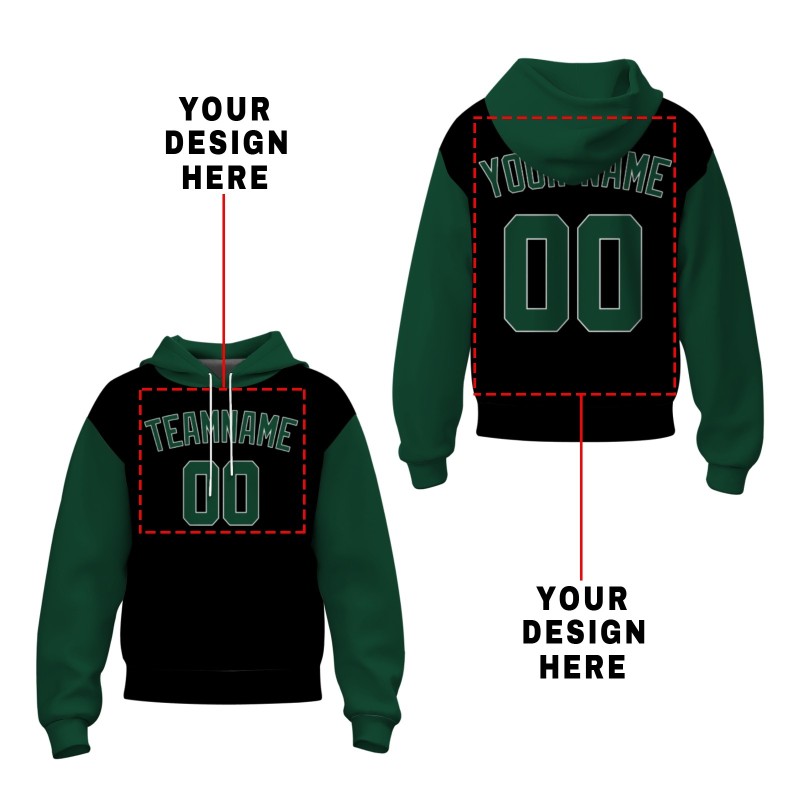 Custom Black Pine Green-White Classic Style Sweatshirt Pullover Hoodie with Raglan Sleeves