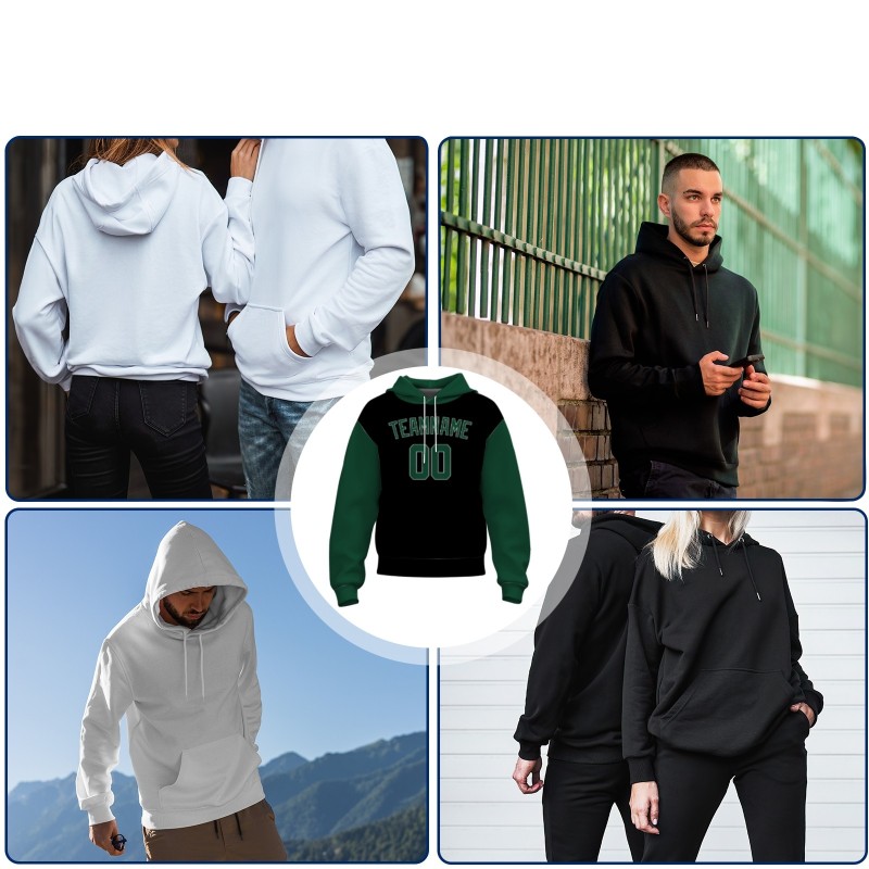 Custom Black Pine Green-White Classic Style Sweatshirt Pullover Hoodie with Raglan Sleeves