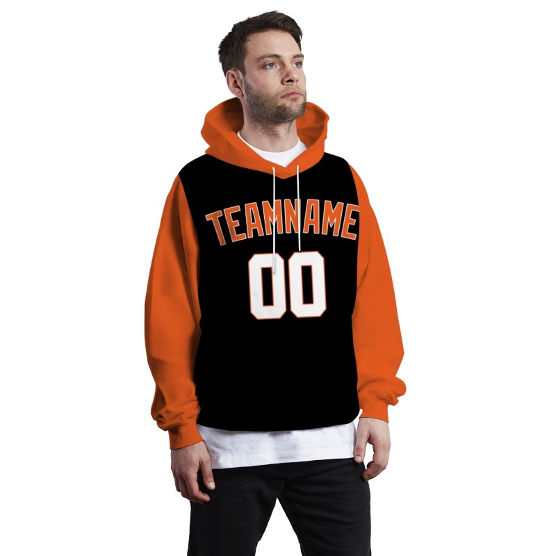 Custom Black Orange-White Classic Style Sweatshirt Pullover Hoodie with Raglan Sleeves