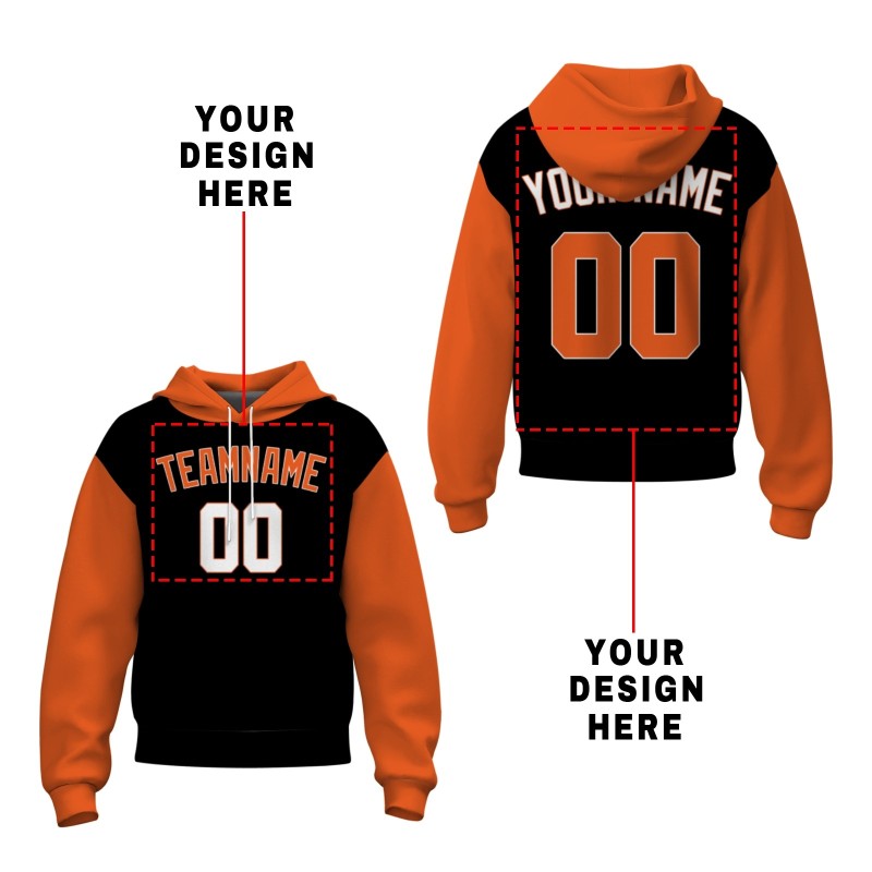 Custom Black Orange-White Classic Style Sweatshirt Pullover Hoodie with Raglan Sleeves