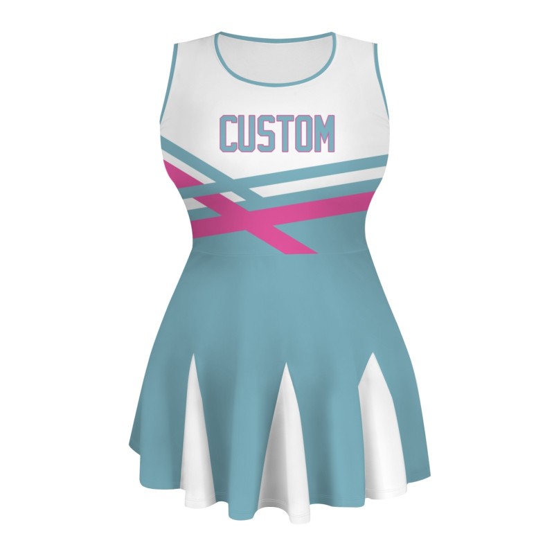 Custom Ocean Blue White-Pink Stylish One-Piece Cheerleading Uniform