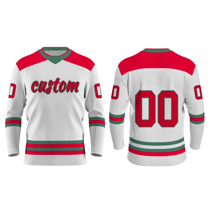 Custom White Red - Green Personalized Classical Style Hockey Jersey