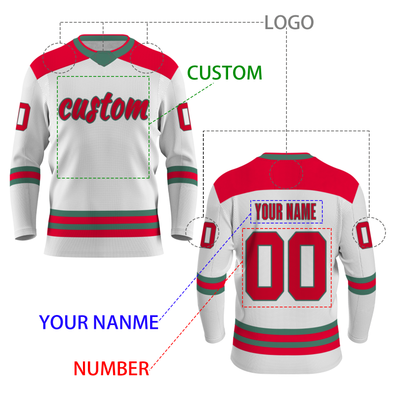 Custom White Red - Green Personalized Classical Style Hockey Jersey