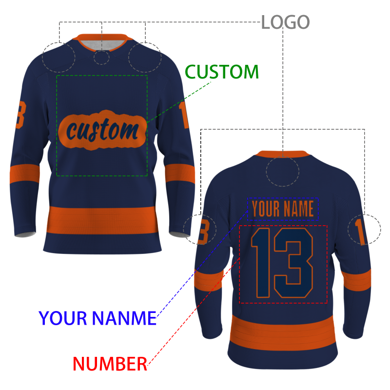 Custom Navy Blue Orange Personalized Classical Style Hockey Jersey