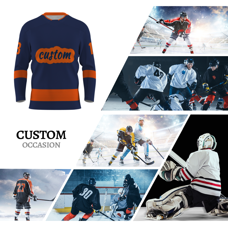Custom Navy Blue Orange Personalized Classical Style Hockey Jersey