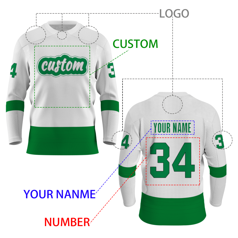 Custom White Green Personalized Classical Style Hockey Jersey