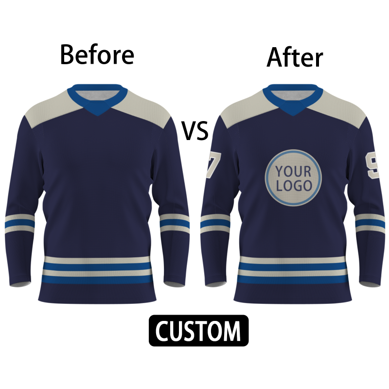 Custom Navy Khaki-Dark Blue Personalized Classic V-Neck Style Hockey Jersey