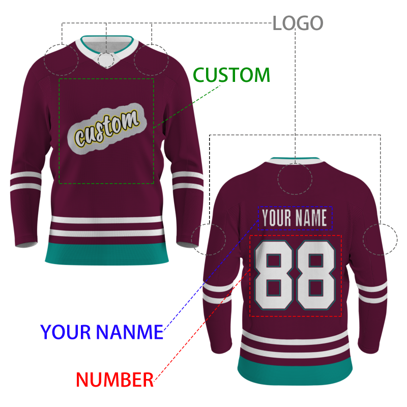 Custom Burgundy White Green - Yellow Classical Style Hockey Jersey