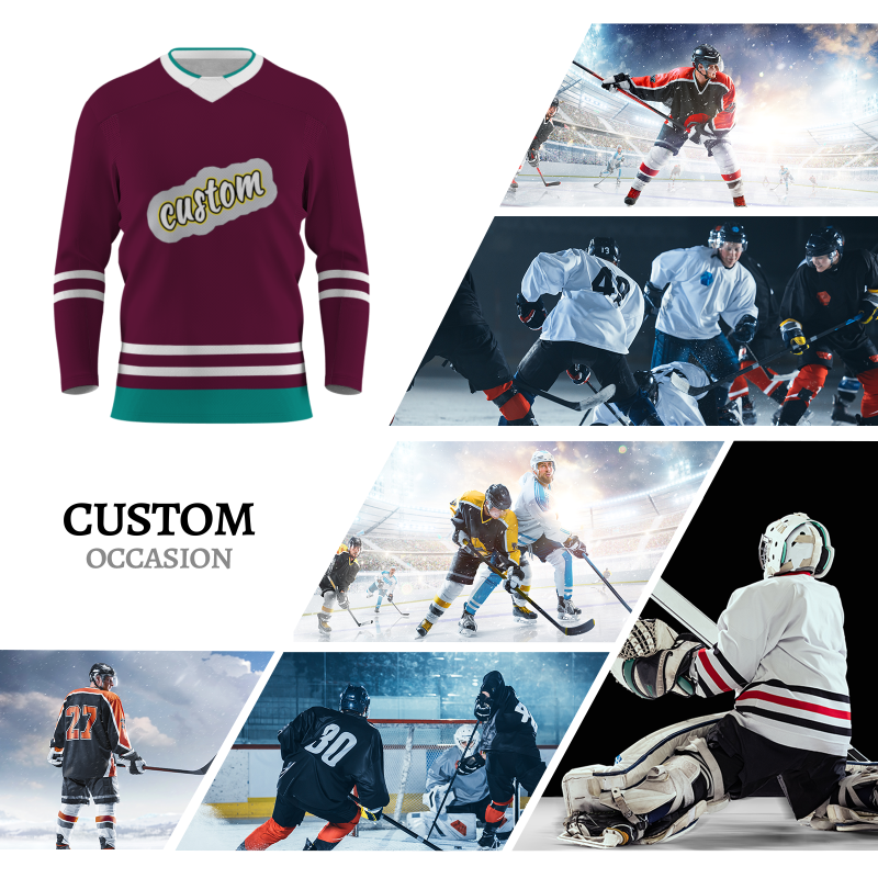 Custom Burgundy White Green - Yellow Classical Style Hockey Jersey