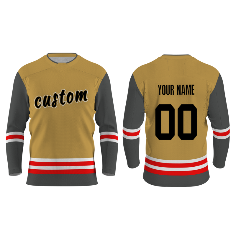 Custom Dark Yellow Gray White - Red V-Neck Classical Style Hockey Jersey