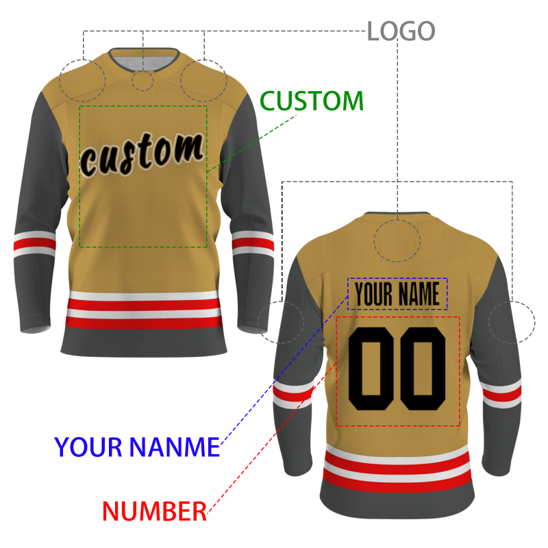 Custom Dark Yellow Gray White - Red V-Neck Classical Style Hockey Jersey