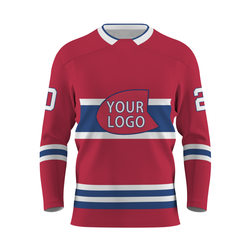 Custom Red Blue - White V-Neck Classical Style Hockey Jersey