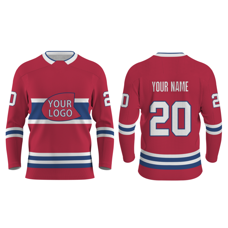 Custom Red Blue - White V-Neck Classical Style Hockey Jersey